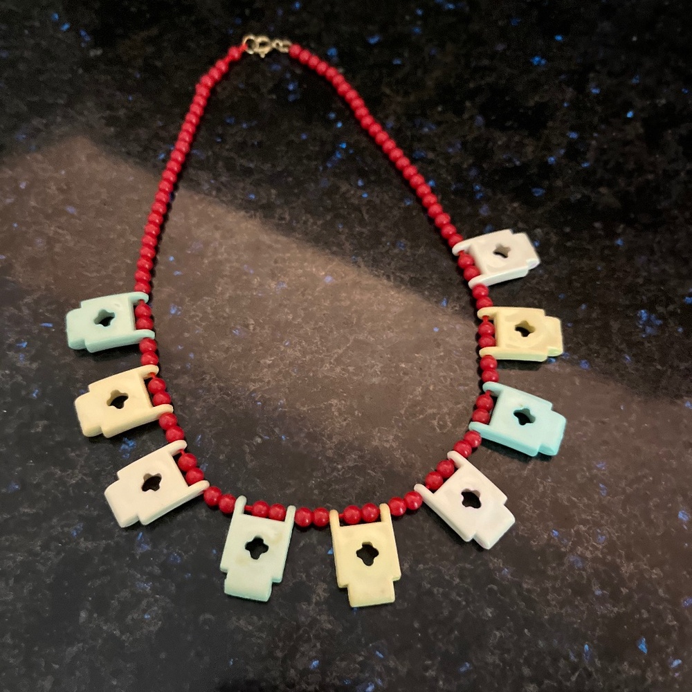 Vintage Early Plastic Acrylic Necklace Red Beads with Multi-colored Tabs